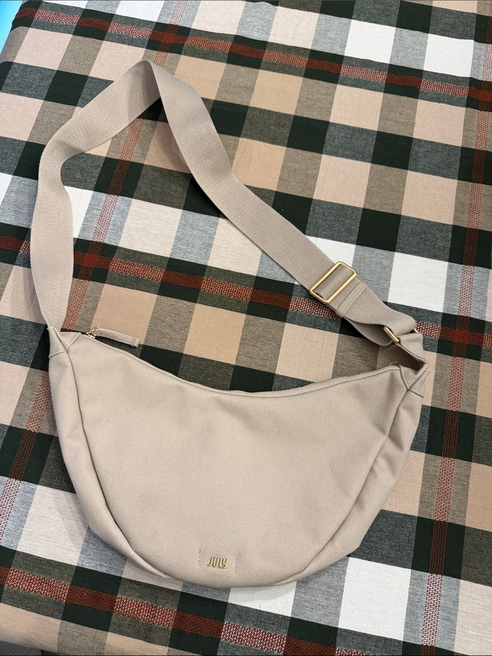 July - Minimalist Beige Crescent Crossbody Bag with Adjustable Strap